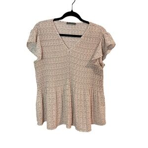 Adrianna Papell Beige Black Micro Print Ruffle Sleeve Peplum Blouse Womens M